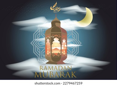 vector Islamic greetings card arabic lantern light mosque sky clouds stars crescent moon ramadan mubarak kareem with ornament and arabic caligraphic 