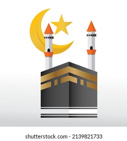 vector islamic kaaba with mosque minaret and moon and stars on it suitable for the design of eid al-fitr, hajj, ramadan and other Islamic holiday celebrations