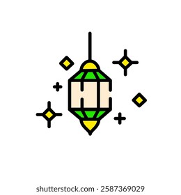 vector islamic lantern with green and yellow color with twinkling stars, ramadhan lantern design isolated with white background