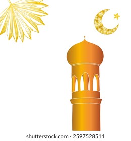 Vector Islamic minaret frame, stars, pampas grass. Graphic illustration mosque, tower isolated background. Muslim hand drawn line sketch, holiday Ramadan Kareem or Eid Al Adha 2025. For designers