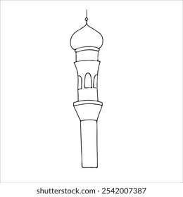 Vector Islamic minaret. Graphic illustration mosque, tower isolated on white background. Muslim hand drawn line sketch, holiday Ramadan Kareem or Eid Al Adha 2025. For designers, prints, postcards