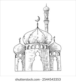 Vetor minarete islâmico. Ilustração gráfica mesquita, torre isolada sobre fundo branco. Esboço de linha desenhada à mão muçulmana, feriado Ramadan Kareem ou Eid Al Adha 2025. Para designers, impressões, cartões-postais
