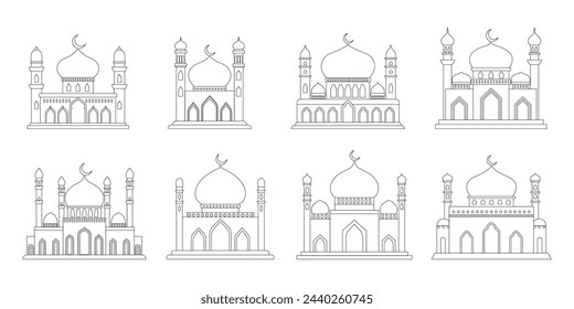 Vector islamic mosque black ouline silhouettes set. Ramadan muslim line icon collection isolated on white. Arabian mosque buildings shapes with minarets. Eid Al-Fitr illustration