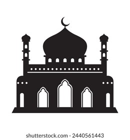 Vector islamic mosque black silhouette. Ramadan muslim icon isolated on white. Arabian mosque building shape with minarets. Eid Al-Fitr illustration