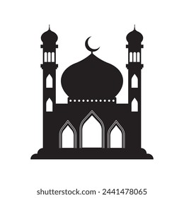 Vector islamic mosque black silhouette. Ramadan muslim icon isolated on white. Arabian mosque building shape with minarets. Eid Al-Fitr illustration