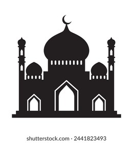 Vector islamic mosque black silhouette. Ramadan muslim icon isolated on white. Arabian mosque building shape with minarets. Eid Al-Fitr illustration