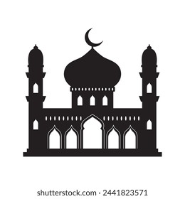 Vector islamic mosque black silhouette. Ramadan muslim icon isolated on white. Arabian mosque building shape with minarets. Eid Al-Fitr illustration