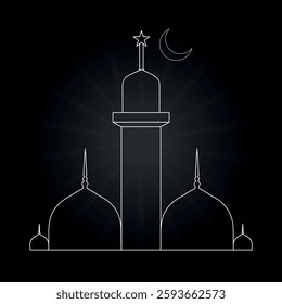 Vector Islamic mosque line art with crescent moon illustration