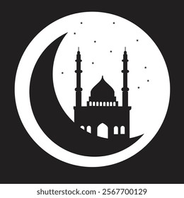 Vector of Islamic mosque with moon and stars. The holiday of Ramadan, construction in Islam. Black and white mosque icon. Vector illustration isolated on white background.