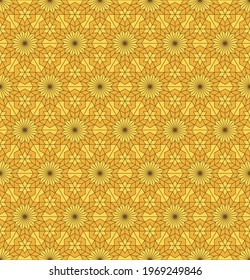 Forma geométrica hexágona de estrella persa vectorial patrón sin fisuras color dorado de miel fondo. Se utiliza para elementos de tela, textil, decoración interior.