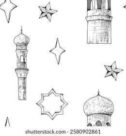 Vetor padrão islâmico sem costura com minarete, estrelas. Ilustração gráfica mesquita, torre isolada sobre fundo branco. Esboço de linha desenhada à mão muçulmana, feriado Ramadan Kareem ou Eid Al Adha 2025. Para