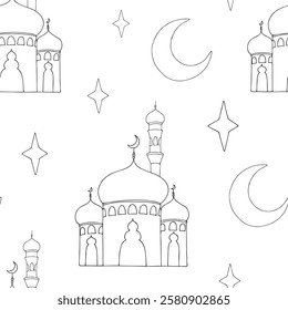 Vector Islamic seamless pattern with minaret, moon, stars. Graphic illustration mosque, tower isolated on white background. Muslim hand drawn line sketch, holiday Ramadan Kareem or Eid Al Adha 2025