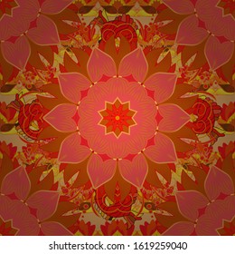 Vector islamic template for restaurant menu, flyer, greeting card, brochure, book cover and any other decorations. Decorated card with mandala in colored colors on red, orange and pink colors.