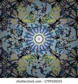 Plantilla vectorial islámica para menú de restaurante, volante, tarjeta de saludo, folleto, portada de libro y cualquier otra decoración. Tarjeta decorada con mandala en colores de colores neutros, azules y negros.