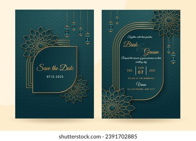 Vector Islamic wedding invitation card template with gold-patterned florals on dark background color.