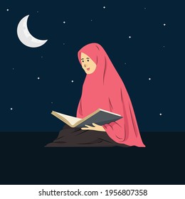 Vector Islamic women read Al-Quran at night with background moon and star. ramadan kareem and eid adha