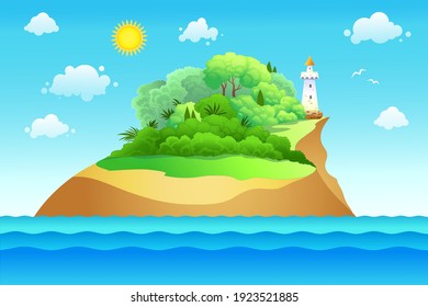 Vector island with sea and sun. Summer cartoon illustration.