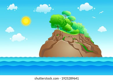 Vektorinsel mit Meer und Sonne. Sommercartoon-Illustration.