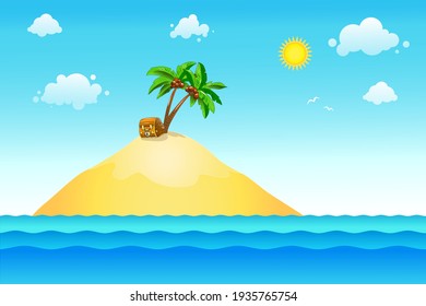Vector island with sea and sun. Summer cartoon illustration.