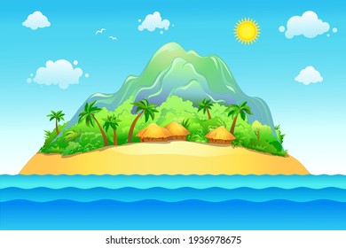 Vector island with sea and sun. Summer cartoon illustration.