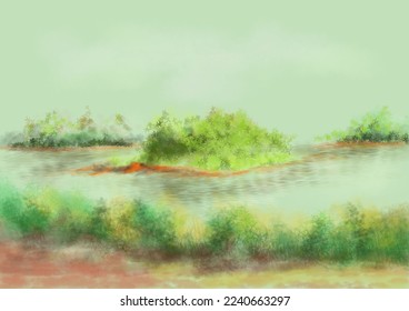 vector islet Surrounded by water and trees Suitable for making background images.