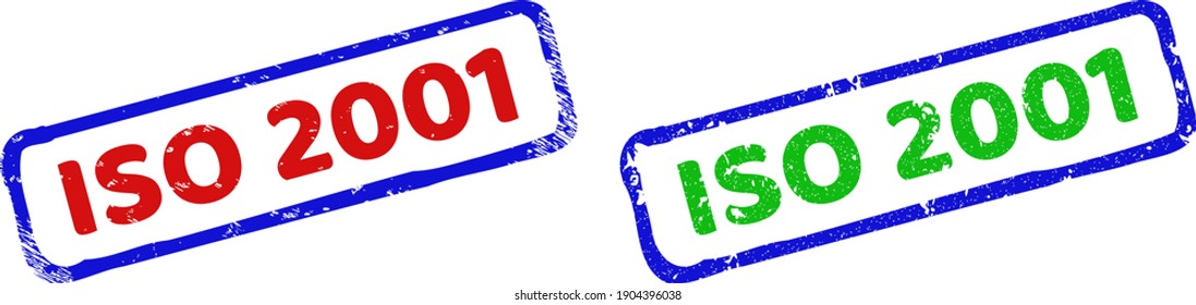 Vector ISO 2001 framed watermarks with scratched surface. Rough bicolor rectangle stamps. Red, blue, green colors used. Flat scratched seal stamps with ISO 2001 caption inside rough rectangle frame.