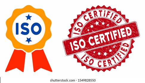 Vector ISO certified icon and rubber round stamp seal with ISO Certified caption. Flat ISO certified icon is isolated on a white background. ISO Certified stamp seal uses red color and rubber design.