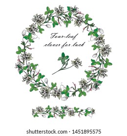 vector isolat, summer, round  frame with space for text. Flowers and clover leaves, painted, green, pink and white. Clover for luck. Trifolium repens. seamless clover brush