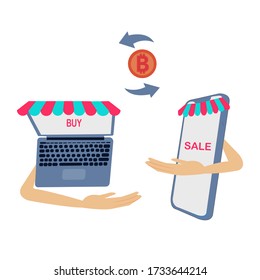 Vector isolate the concept of communication means trading via social using a laptop and smartphone as a trading shop. With the bitcoin symbol and the arrows going back and forth between them.