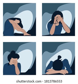 Vector isolate design of four woman depression set , refusal set concept. Upset young girl is stressing  and crying. Sad woman is stressful and refuses help and support. weak health, mental exhausted