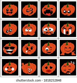 Vector isolate design Set of 16 Halloween Pumpkin Emoji cartoon in October emotional avatars fanny drawn. Pumpkins with various emotions: fear, angry , joy, fright, nausea, smile, lover, sleepy, laugh