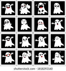 Vector  isolate design Set of 16 Halloween Ghost  Emoji cartoon in October emotional avatars fanny drawn. Ghost with various emotions: fear, angry , joy, fright, nausea, smile, lover, sleepy, laugh.