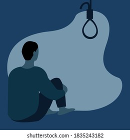 Vector isolate flat design of back side of Young miserable depressed man sitting on his knees on the ground in a dark tunnel , thinking and looking halter , feeling sad, lonely, blue and stress.