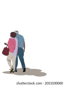 Vector isolate flat design of Behind the scenes of a bald old man walking together with his elderly wife wearing a pink coat and scarf she walked with a handbag to carry her arm on white background.