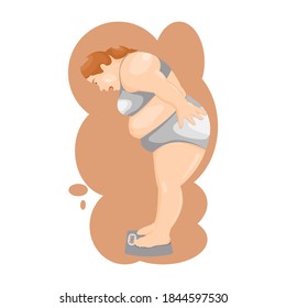 Vector isolate flat design of Cartoon fat woman in side view,wearing sportswear and standing on the weight scale has feelings shocked when seen her weight. on the scale show the OMG message