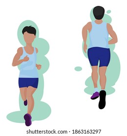 Vector isolate flat design of cartoon font view and back side of young sport  man wearing blue sportswear is jogging, running on white background. Idea concept for healthy,  exercise , outbreak .