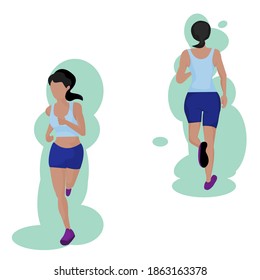 Vector isolate flat design of cartoon font view and back side of young sport  woman man wearing blue sportswear is jogging, running on white background. Idea concept for healthy,  exercise , outbreak 