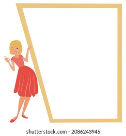 vector isolate flat design concept for Photo frame with cute yellow short hair girl wearing red dress is standing. Album template for couples, kid, girl, family or memories, Scrapbook ,paper notes
