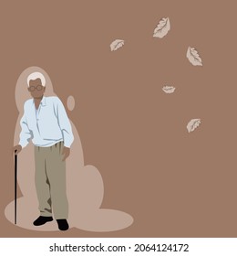Vector isolate flat design of front view of An elderly man with white hair, hunchbacked, wearing a light blue long sleeve shirt. khaki pants standing holding a stick on brown background with spring.