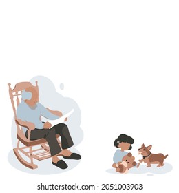 Vector isolate flat design of Grandfather sitting on a rocking chair reading book. There was granddaughter sitting next to teddy bear and dog.Concept for warm family of different ages living together.