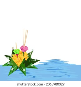 Vector isolate flat design of Krathong is made from natural materials, consisting of banana leaves and marigolds had incense sticks on pink paper flowers candles on light green paper flowers on river
