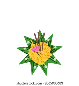 Vector isolate flat design of Krathong is made from natural materials, consisting of banana leaves and marigolds. There are incense sticks on pink paper flowers. candles on light green paper flowers.