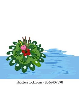Vector isolate flat design of Krathong is made from natural materials, consisting of banana leaves and marigolds had incense sticks on pink paper flowers candles on light green paper flowers on river