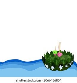 Vector isolate flat design of Loy Krathong Thailand Festival poster card  is made from natural of banana leaves with  incense sticks and candles on pink, green  paper flowers on the light blue river.