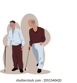 Vector isolate flat design of Two elderly men, one wearing glasses and a hat,another bald person, wearing a sweater and trousers, was walking and talking. In both of their hands was a walking stick.