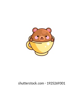 Vektor isolierte Illustration süße Bär sitzende Pekse aus Cup kawaii chibi japanischen Stil Emoji-Charakter Aufkleber Emoji Emoticon Lächeln Emotionen Maskottdesign