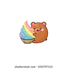 Vector isolate illustration cute bear cub hugs cupcake dessert delicious kawaii chibi Japanese style Emoji character sticker emoticon smile emotion mascot design