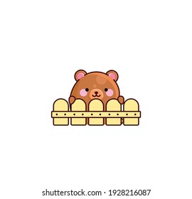 Vector isolate illustration cute bear cub neighbor peeps over fence kawaii chibi Japanese style Emoji character sticker emoticon smile emotion mascot design