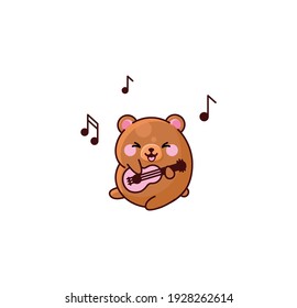 Vector isolierte Illustration süßer Bär singen Lied-Gitarre-Note kawaii chibi japanischen Stil Emoji-Charakter Aufkleber Emoji Lächeln Emotionen Maskottdesign