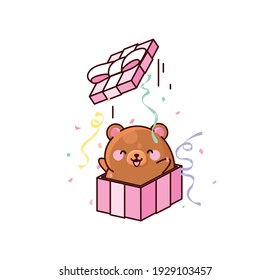 Vector isolate illustration cute bear  jumps out of gift box greeting kawaii chibi Japanese style Emoji character sticker emoticon smile happy emotion mascot design